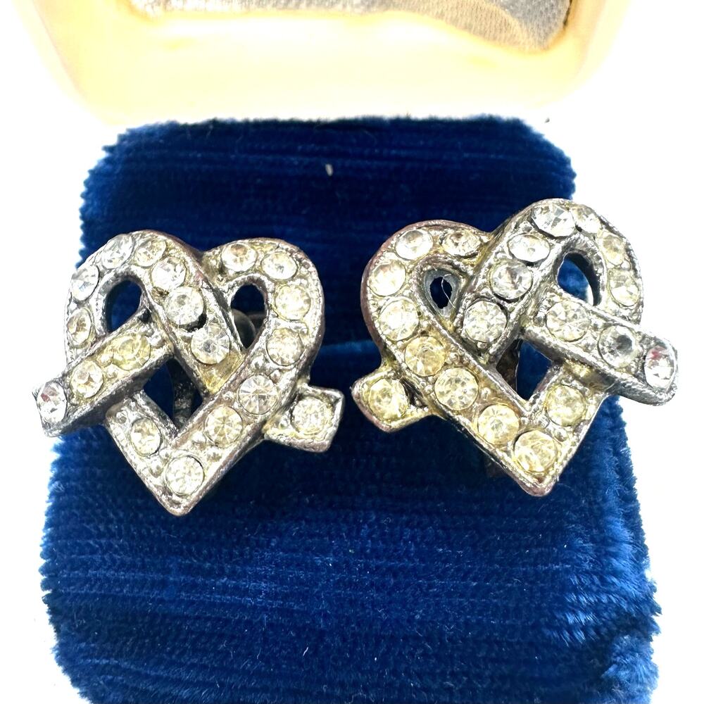 Little Nemo antique Art Deco rhinestones silver tone hearts screw back earrings